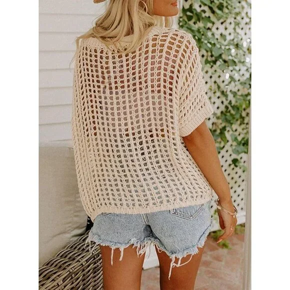 Womens Summer Crochet Coverup Knit Top Short Sleeve Beachwear Casual Lightweight - Picture 2 of 5